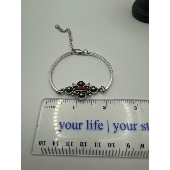 Silver Bangle Bracelet With Intricate Ornamental Design & Adjustable Chain - Picture 5 of 5